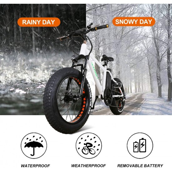 20″ 300W Fat Tire Electric Bicycles Snow Beach Mountain Bike 6 Speed Gear E-Bike with Removable Waterproof Large Capacity 36V10A Lithium Battery and Battery Charger Electric Bike
