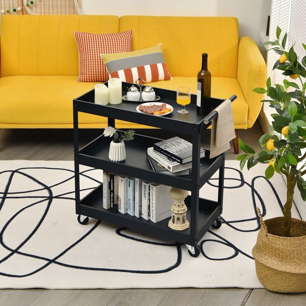 Tangkula 3 tier Rolling Cart Storage Organizer Metal Utility Cart W wheels For Kitchen Library Office Black