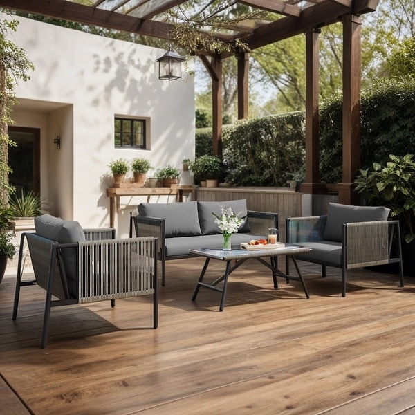 4Pieces Outdoor Conversation Set with Cushions and Glass Table,Patio Accent Chairs Furniture with Loveseat for Garden,Grey