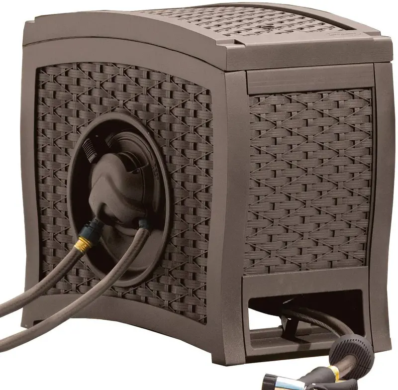 Suncast Aquawinder 125″ Retractable Hose Reel – Water-Powered, Portable Wicker Garden Reel (Java)