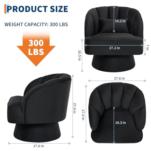 GarveeHome Modern Swivel Barrel Accent Chair, 360° Teddy Fabric Upholstered Armchair with Striped Backrest & Plush Padding, Comfy Round Lounge Chair for Living Room, Bedroom, Reading Nook, Black