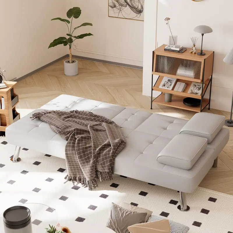 Shahoo Folding Futon Sofa Bed – Modern Faux Leather Convertible Living Room Couch