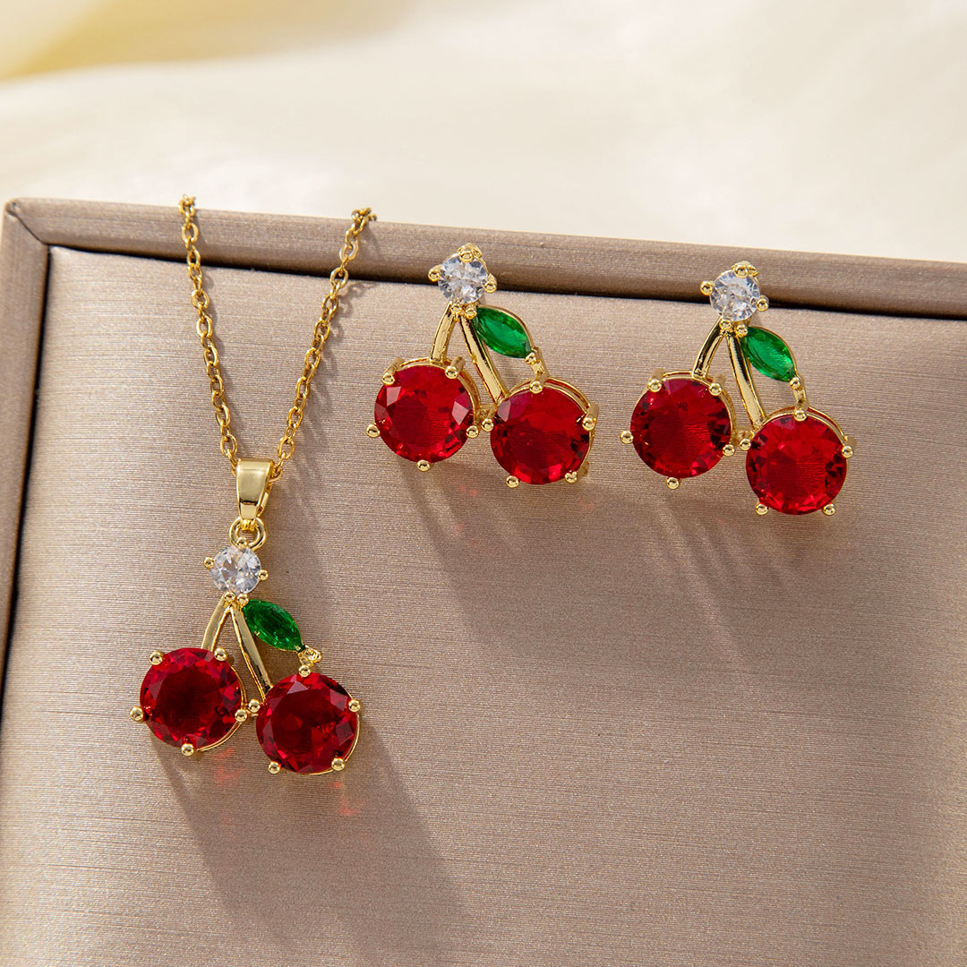 Red Zircon Fruit Cherry Pendant Earrings Necklace For Women New Trend Fashion Collarbone Chain Jewelry Set Gifts