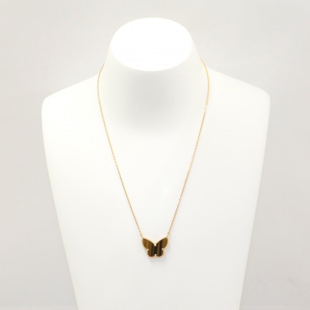 Van Cleef & Arpels Lucky Alhambra Papillon Necklace 18K Yellow Gold Tiger Eye