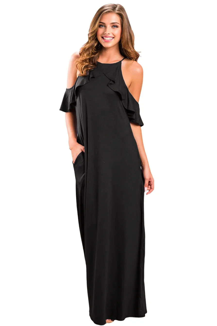 Ruffle Cold Shoulder Maxi DressClistos