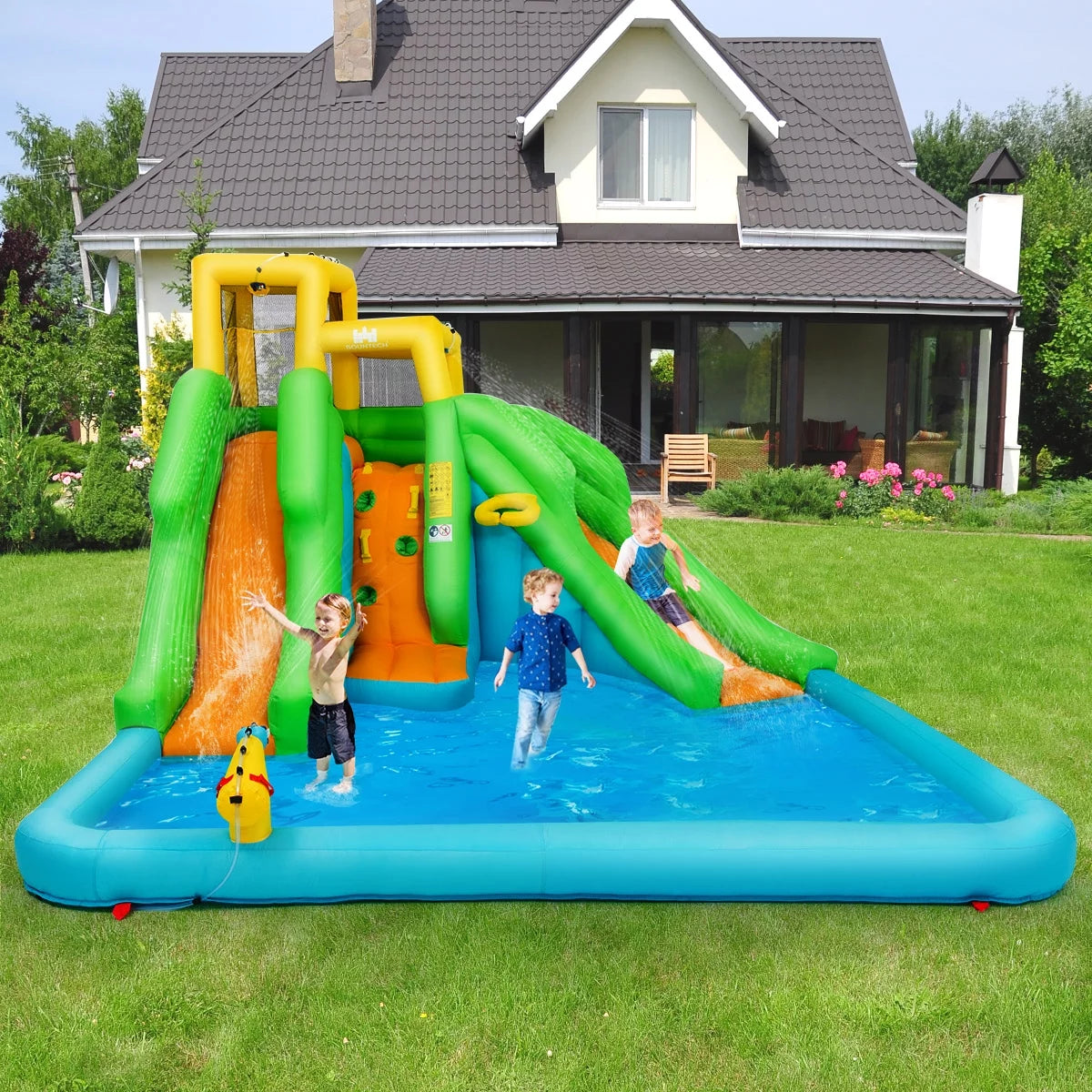 2026 Inflatable Water Park Bounce House w/Climbing Wall Two Slides and Splash Pool