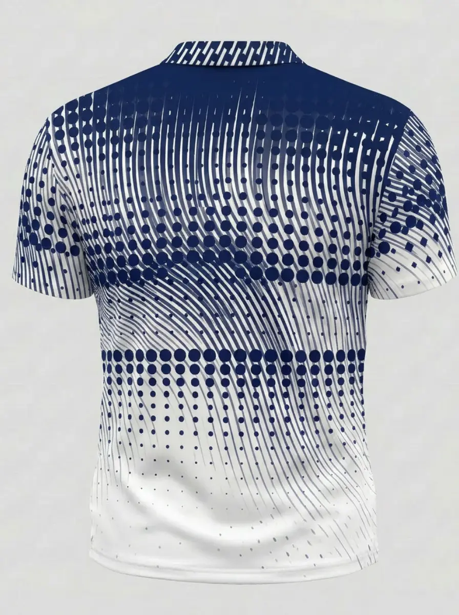 Moisture Wicking Golf Polo 3D Navy Blue White Geometric Dot Pattern Button Short Sleeve Golf Polo Shirt