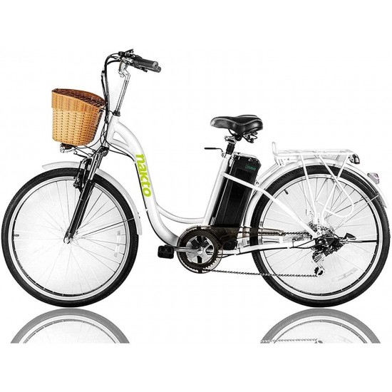 26″ Electric Bike 6 Speed Electric Bikes for Adults 350W High Speed Ebike City Electric Bicycle with 36V10AH Removable Lithium Battery, White