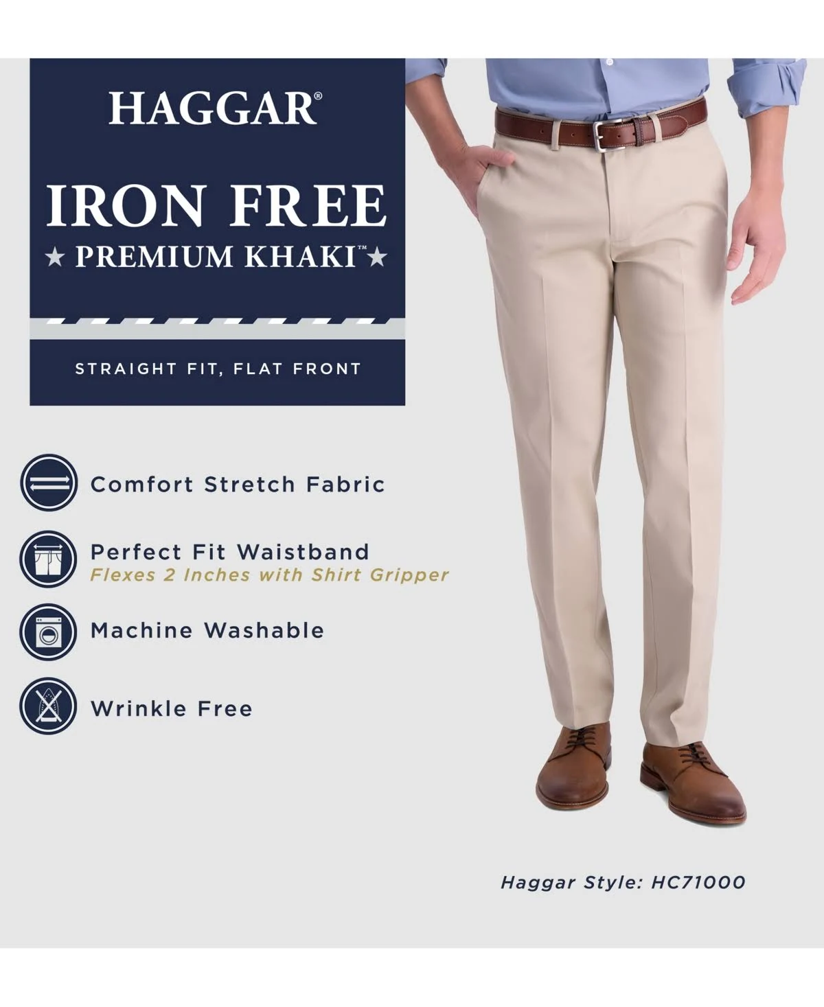 Haggar Men&s Iron Free Premium Khaki Straight-Fit Flat-Front Pant - Heather Grey