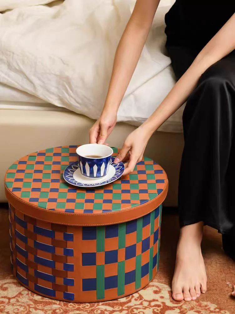 DC127 - HERMÈS Iris Blue Gold Brown BV Braided Checkered Cover Storage Box, Side Table with Storage, Coffee Table