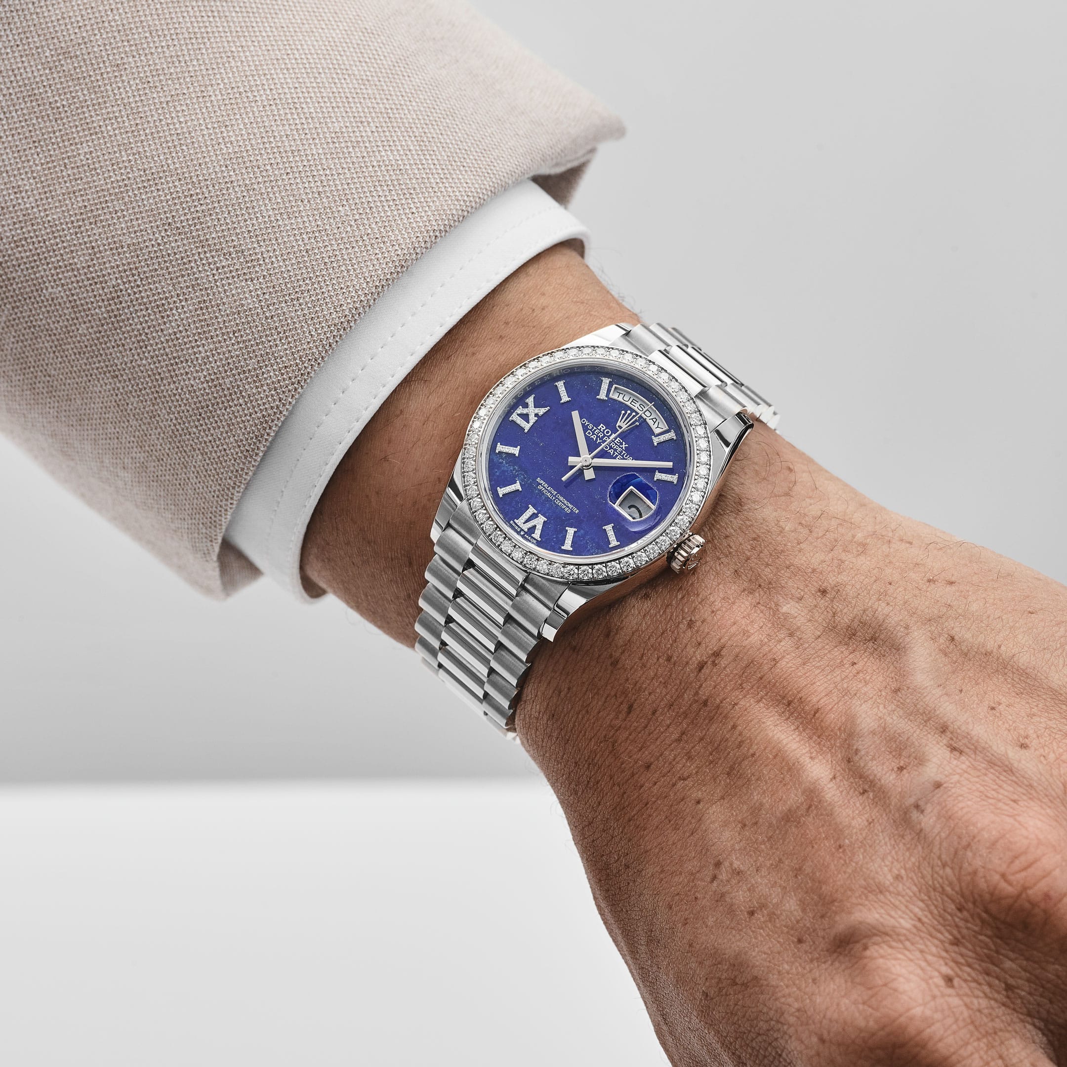 Rolex Day-Date 36 128349RBR White Gold Lapis Stone Diamond Roman Numerals Dial Diamond Bezel (2022)