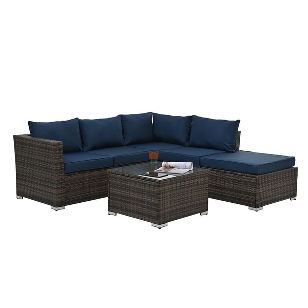 4Piece Patio Conversation Wicker Furniture Set,Sectional Sofa Set with Tempered Glass Coffee Table,Sofa Chair and Ottoman Sets