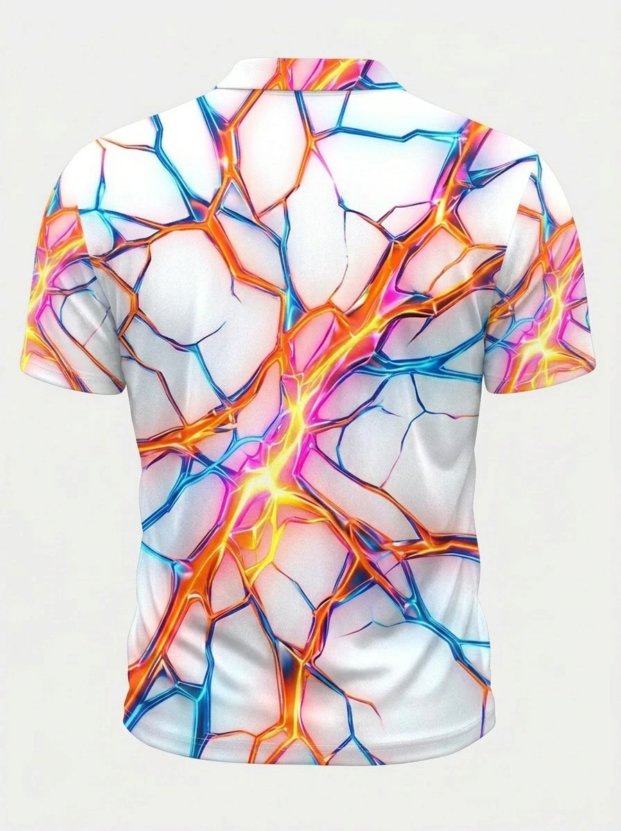 Moisture Wicking Golf Polo 3D White Multicolor Cracked Lightning Button Short Sleeve Golf Polo Shirt