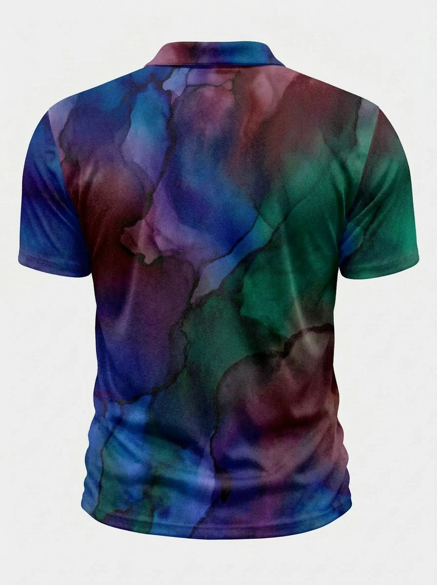 Moisture Wicking Golf Polo 3D Blue Green Purple Watercolor Button Short Sleeve Golf Polo Shirt