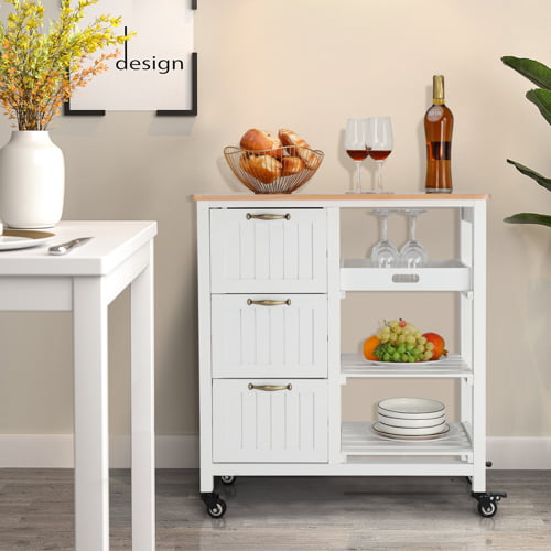 VINGLI Kitchen Island Rolling Storage Cart with 3 Drawer 3 Tier Holder Serving Bar Cart Coffee Bar Small Kitchen Microwave Trolley with Natural Solid Wood Top Caster Home Furniture, White