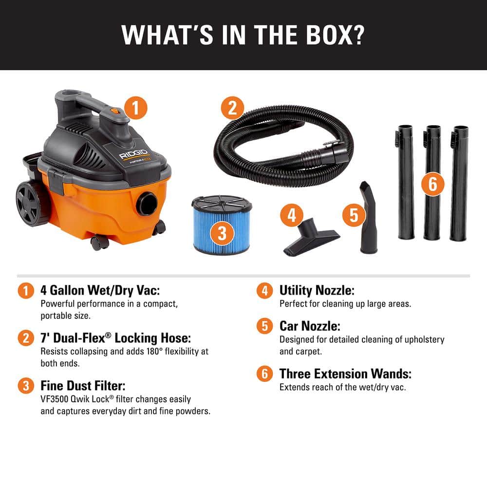 Ridgid 4 Gallon 5.0 Peak HP Portable Wet/Dry Shop Vacuum with Fine Dust Filter, Locking Hose and Accessories WD4070