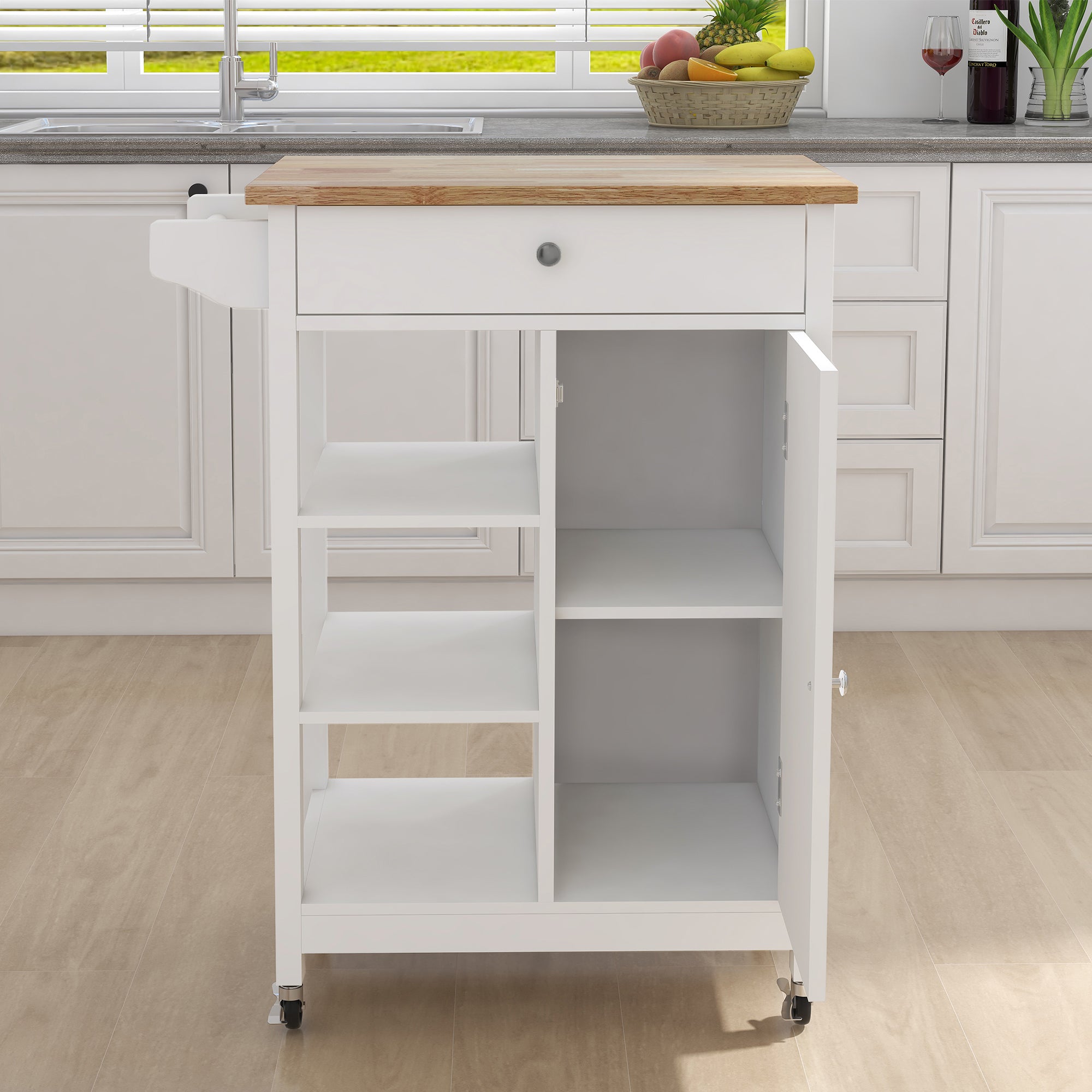 Kitchen Island Rolling Trolley Cart, Wood Kitchen Cart, Small, White