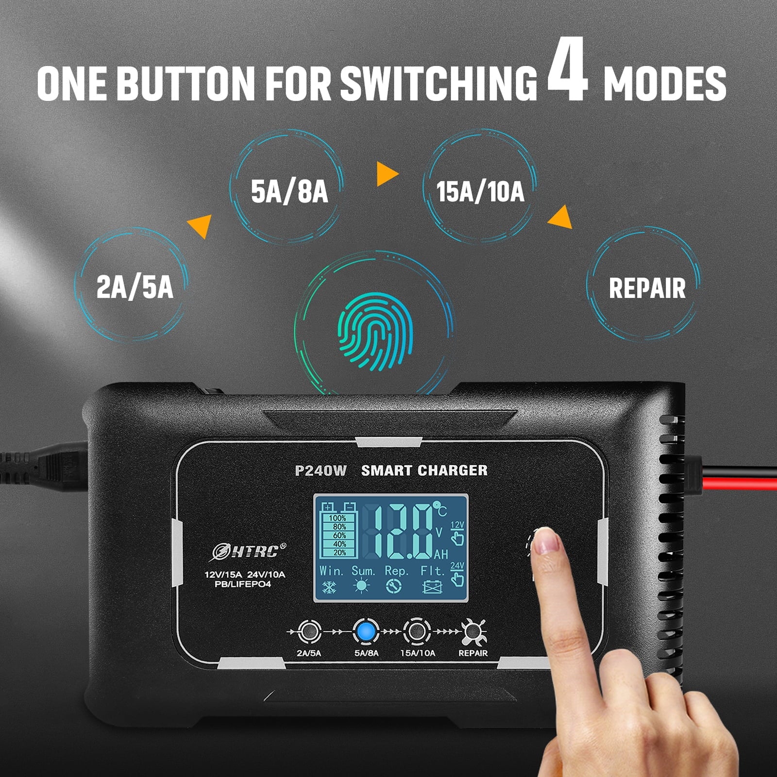 HTRC Automatic 12V/24V 15A Car Battery Charger for RV PB LIFEPO4 AGM (EU)