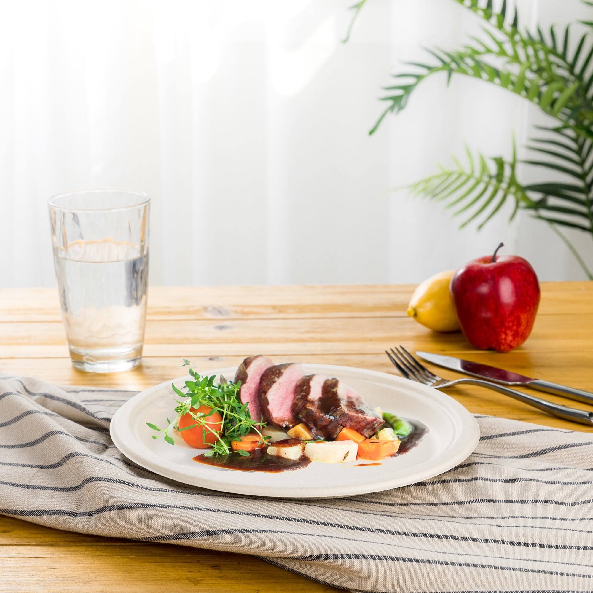 Oak Plus 10 inch Natural Compostable u0026 Disposable Sugarcane Plates, 300 Pack