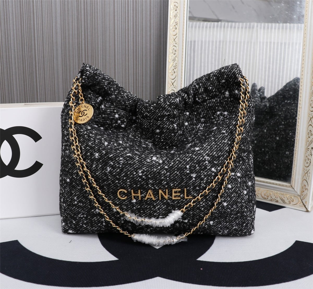 Chanel 22 Handbag Denim Gold And Dark Gray 40Cm/15.7in