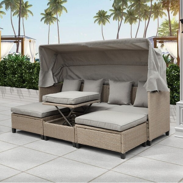 4 Piece Wicker Patio Sofa Set with Retractable Canopy and Lifting Table