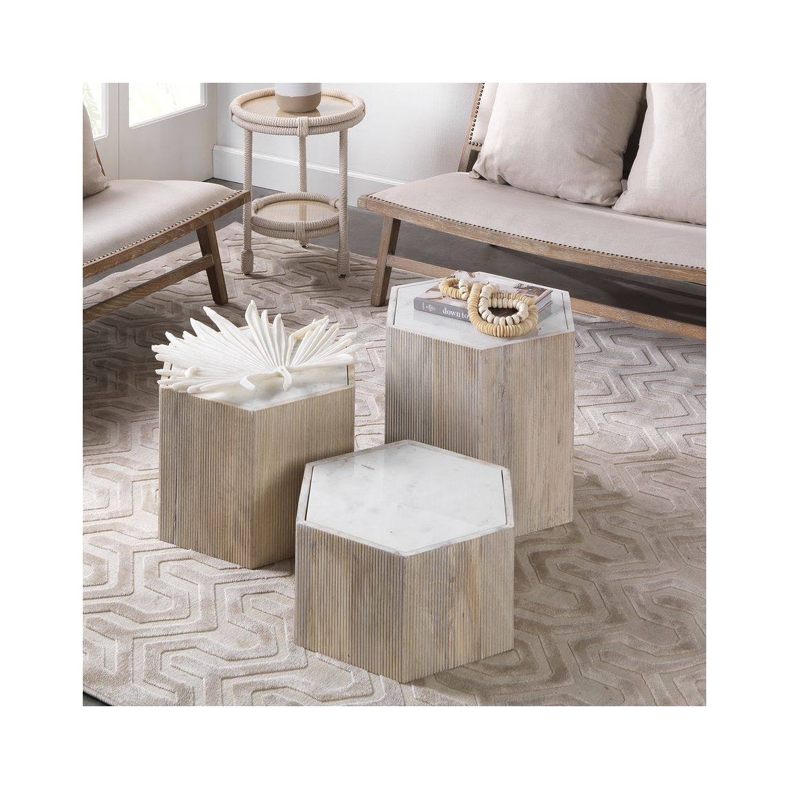 Jamie Young Small Argan Hexagon Table in Natural Wood u0026 White Marble