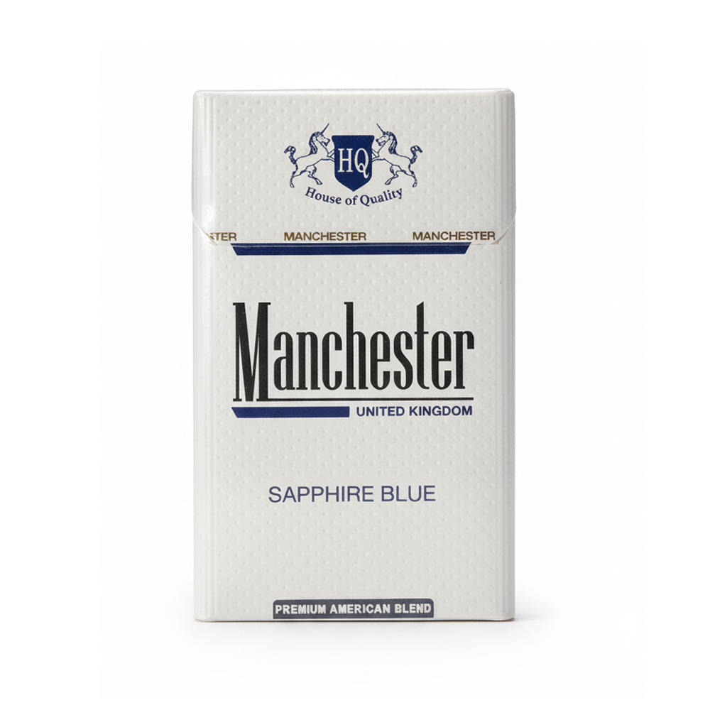 Manchester Sapphire Blue premium cigarette pack with elegant dark blue and silver design