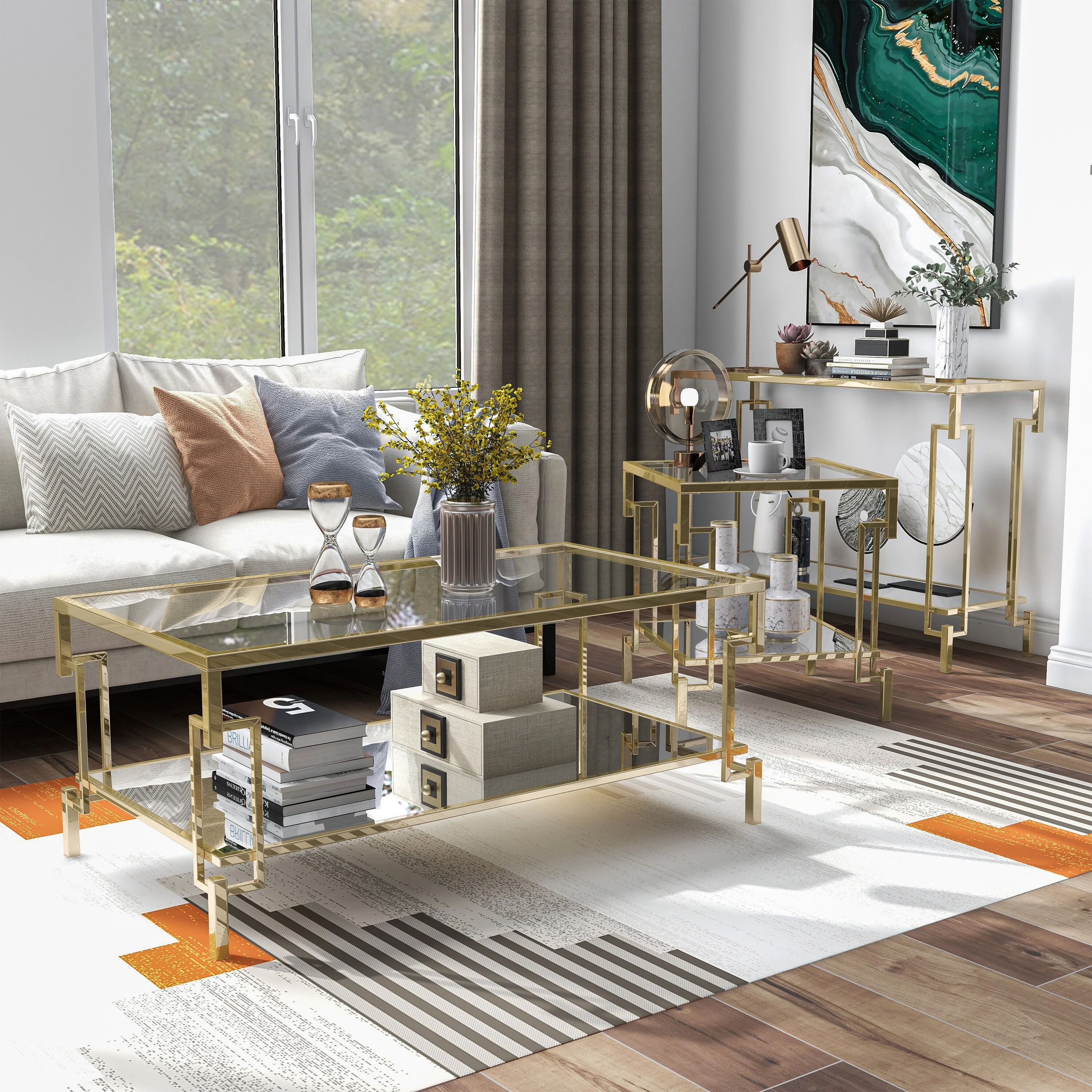 Furniture of America Yout Glam Glass Top 3-Piece Coffee Table Set with Shelf by