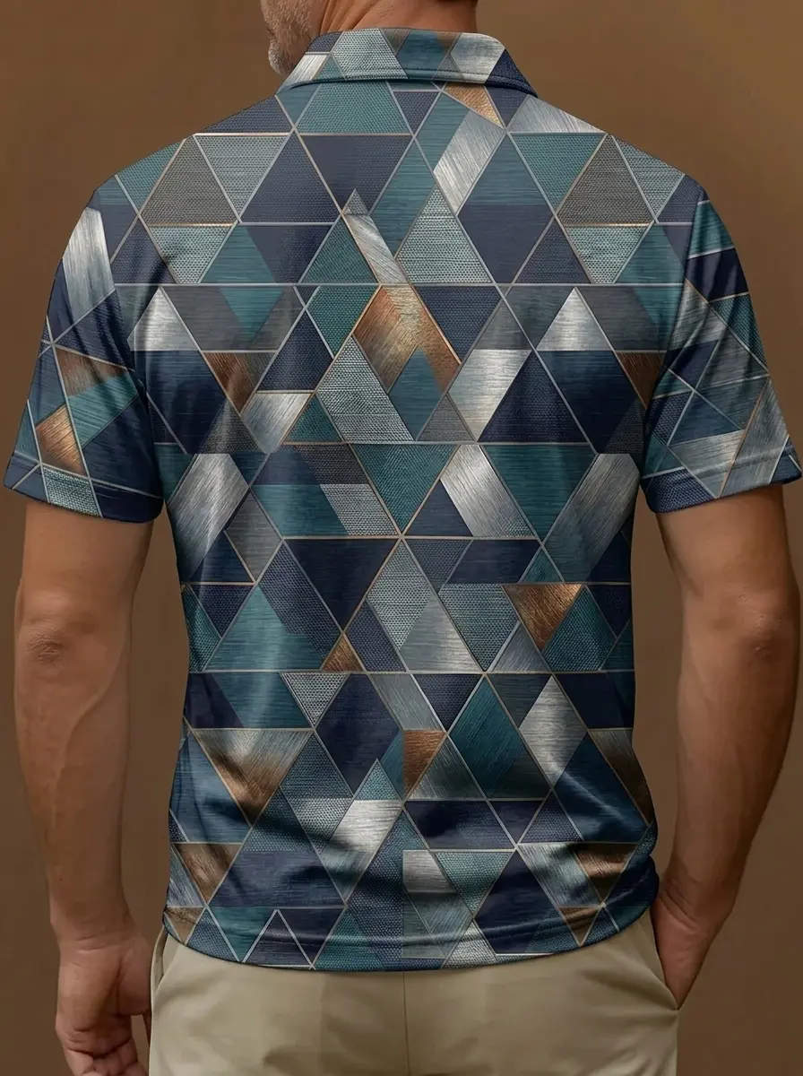 Blue Teal Bronze Geometric Triangle Print Short Sleeve Golf Polo Shirt