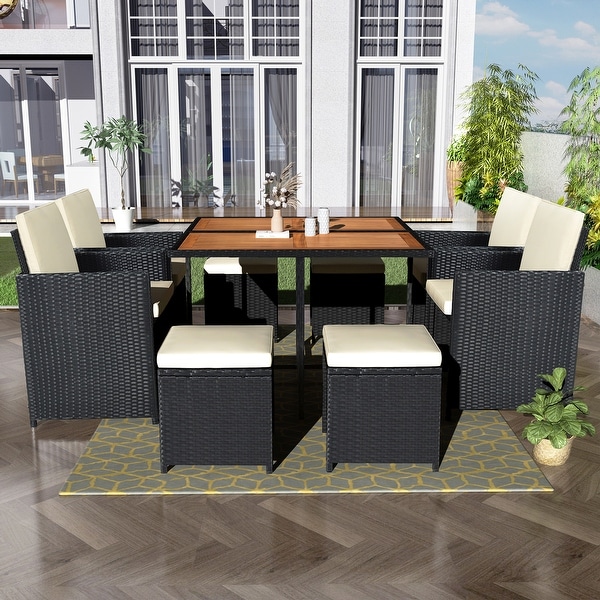 9piece Patio Wicker Dining Table Set with Wooden Tabletop