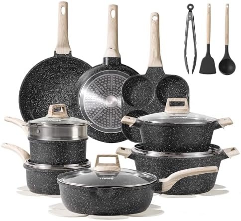 21pcs Pots and Pans Set Nonstick, Cookware Set Black Granite Induction Kitchen Cooking Set w/Frying Pans & Saucepans