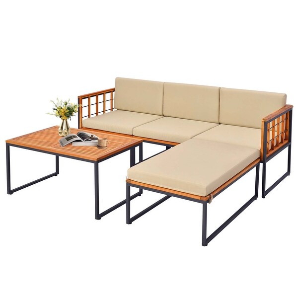 Costway 5 PCS Patio Furniture Set Acacia Wood Sectional Set with Seat