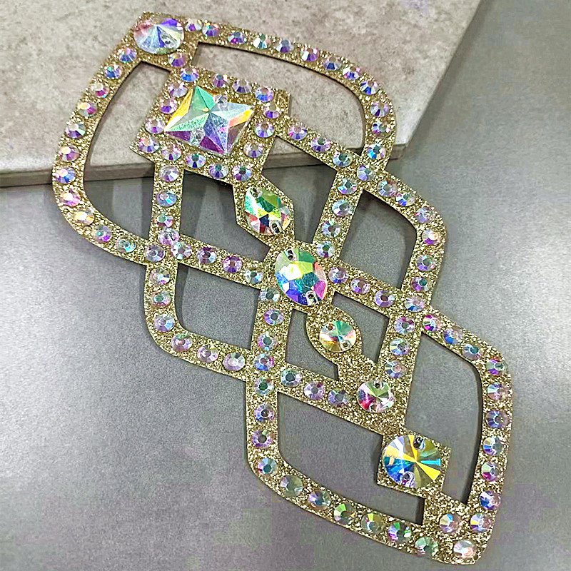 Gold ABCrystal Rhinestone Applique Large Rhinestone Patch Bridal Gown Dance Costume Evening Dress Garment Embellishment DIY BL01