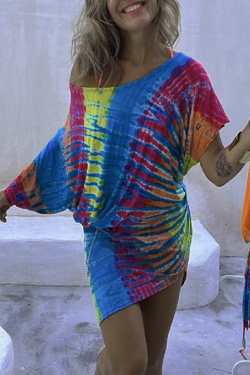 Asymmetrical Hem Tie-Dye Midi DressClistos