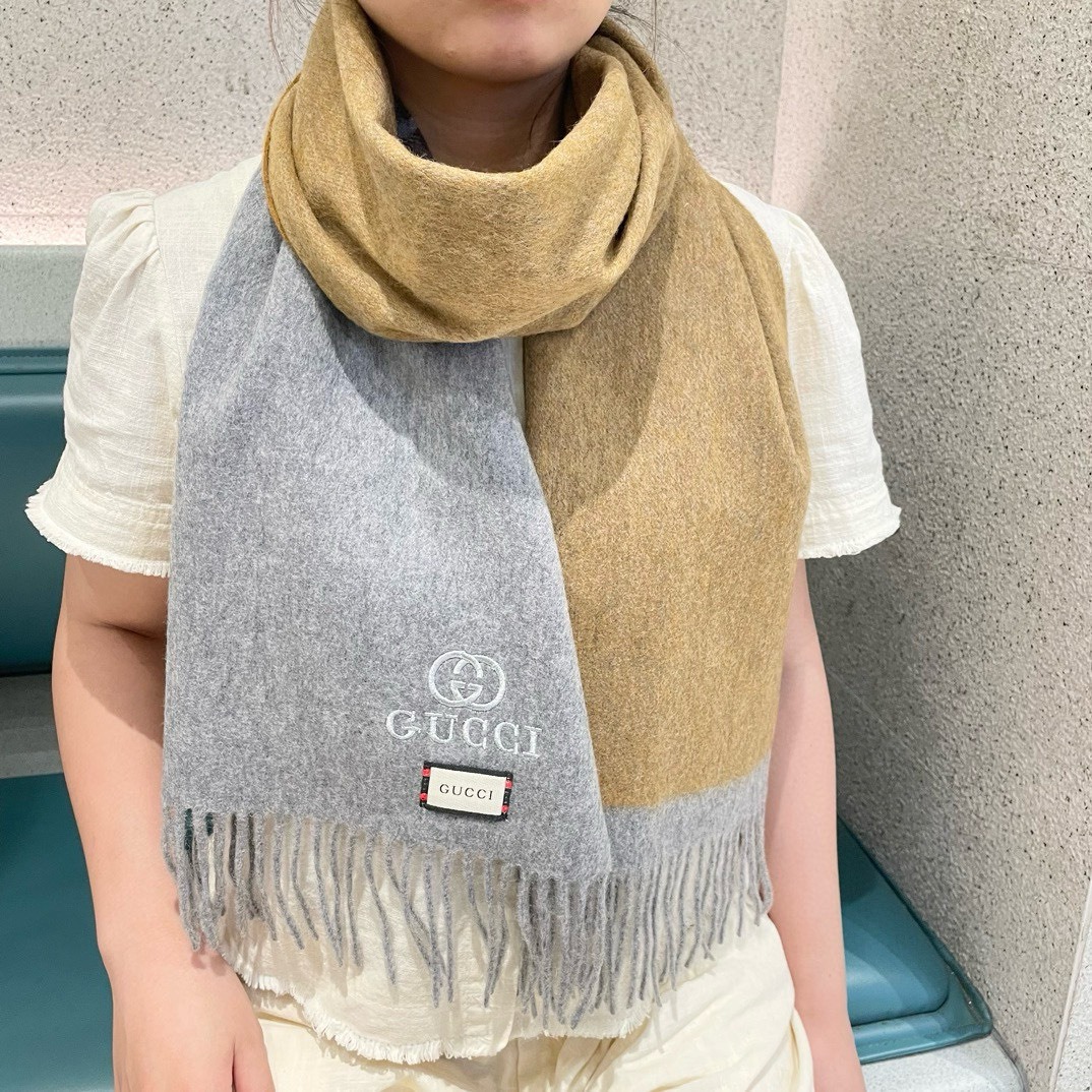 Gucci Cashmere Scarf Colorblock Camel Gray For Women 190cm