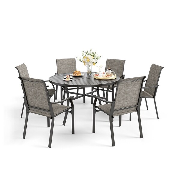 MAISON ARTS 5/7Piece Patio Dining Set,Round Metal Table and 4/6 Textilene Fabric Padded Armchairs