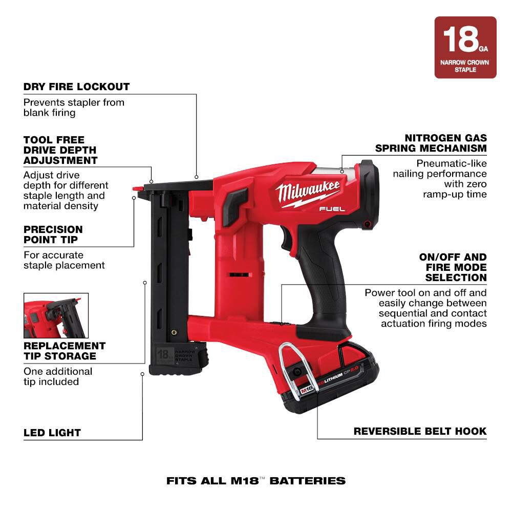Milwaukee M18 FUEL 18 Gauge 1/4 in. Narrow Crown Stapler Kit 2749-21CT