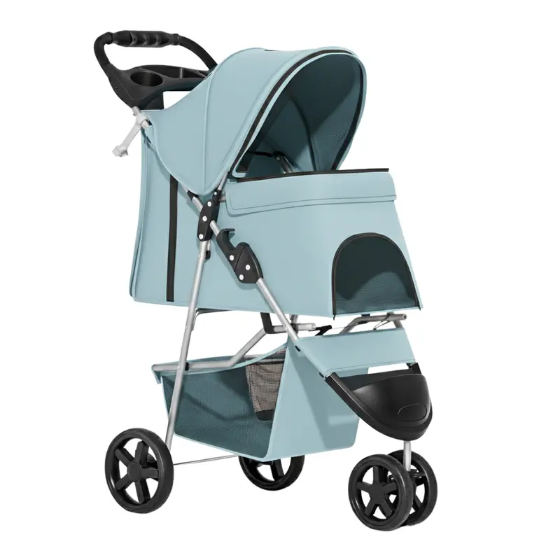 Premium Foldable Pet Stroller – Weatherproof Cover, Cup Holders & Under-Basket Storage