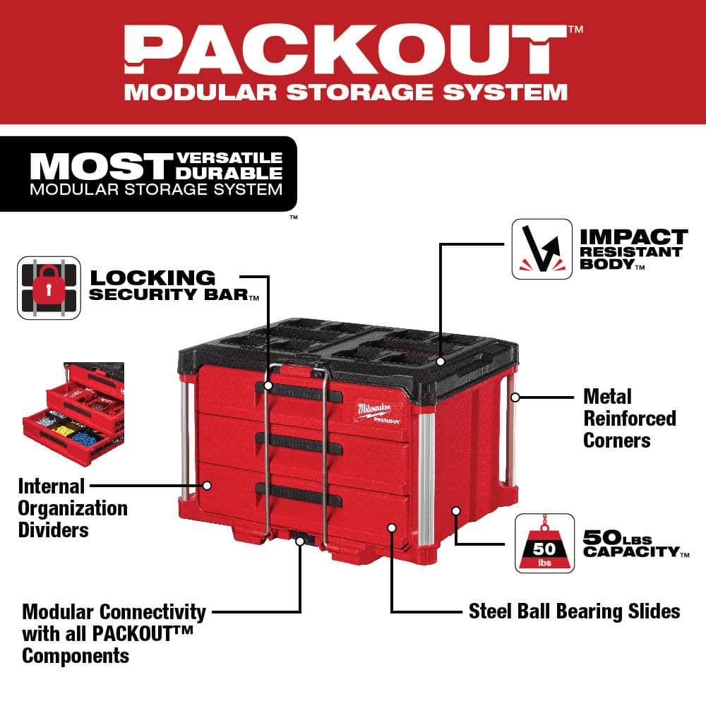 Milwaukee PACKOUT 22 in. Modular 3-Drawer Tool Box with Metal Reinforced Corners 48-22-8443