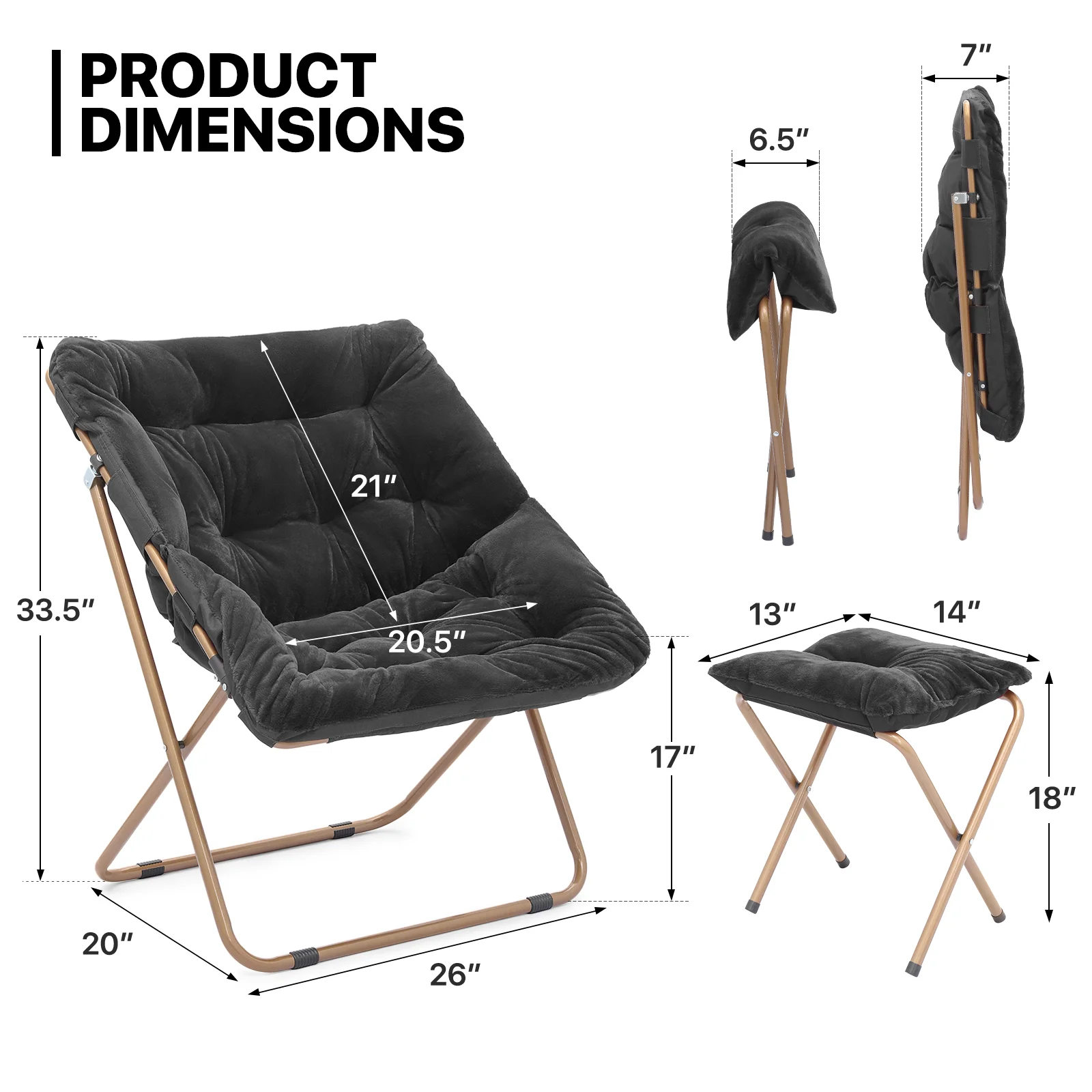 MoNiBloom Set of 2 Saucer Chair with Ottoman, Faux Fur Folding Chair and Footrest Set with Metal Frame, Foldable Lounge Chair and Foot Stool Set, Black