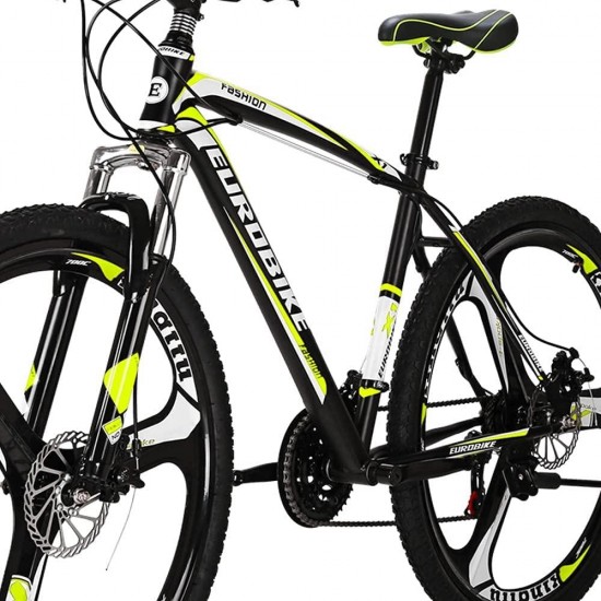 X1 27.5 Inch Adult Mountain Bike Steel Frame 3 Spoke Wheel Mechanical Disc Brake 21 Speed Gears System Front Suspension MTB Bicycle Blackyellow