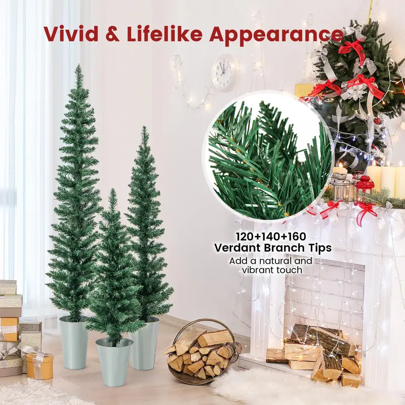 Three-Tier Slim Artificial Christmas Tree Set – 3′, 4′, 5′ Pencil Styles in Metal Buckets