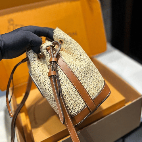 Louis Vuitton Noé Purse Raffia Woven Mini Bucket Bag Brown 7.5 Inches