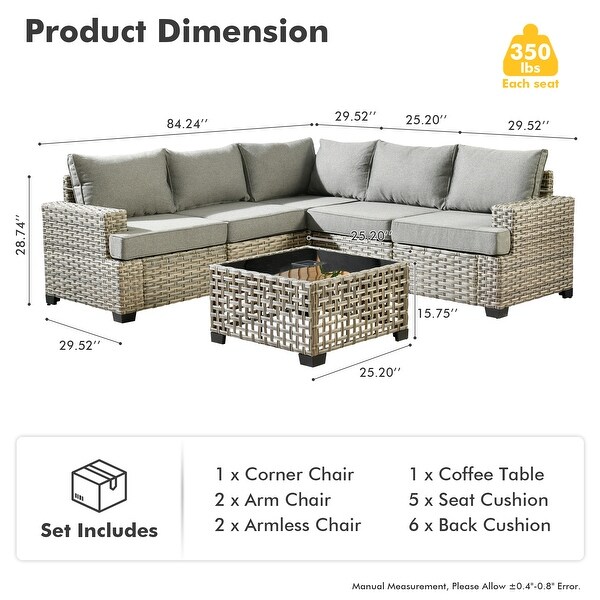 OVIOS 6 Pieces T shaped Seat Wide Armrest Set With SolarPowered Coffee Table