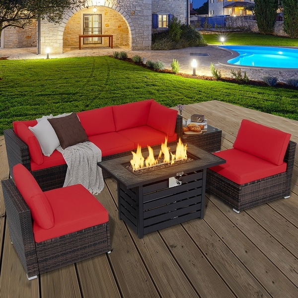 Gymax 7PCS Patio Rattan Furniture Set 42'' Fire Pit Table w/ Cover