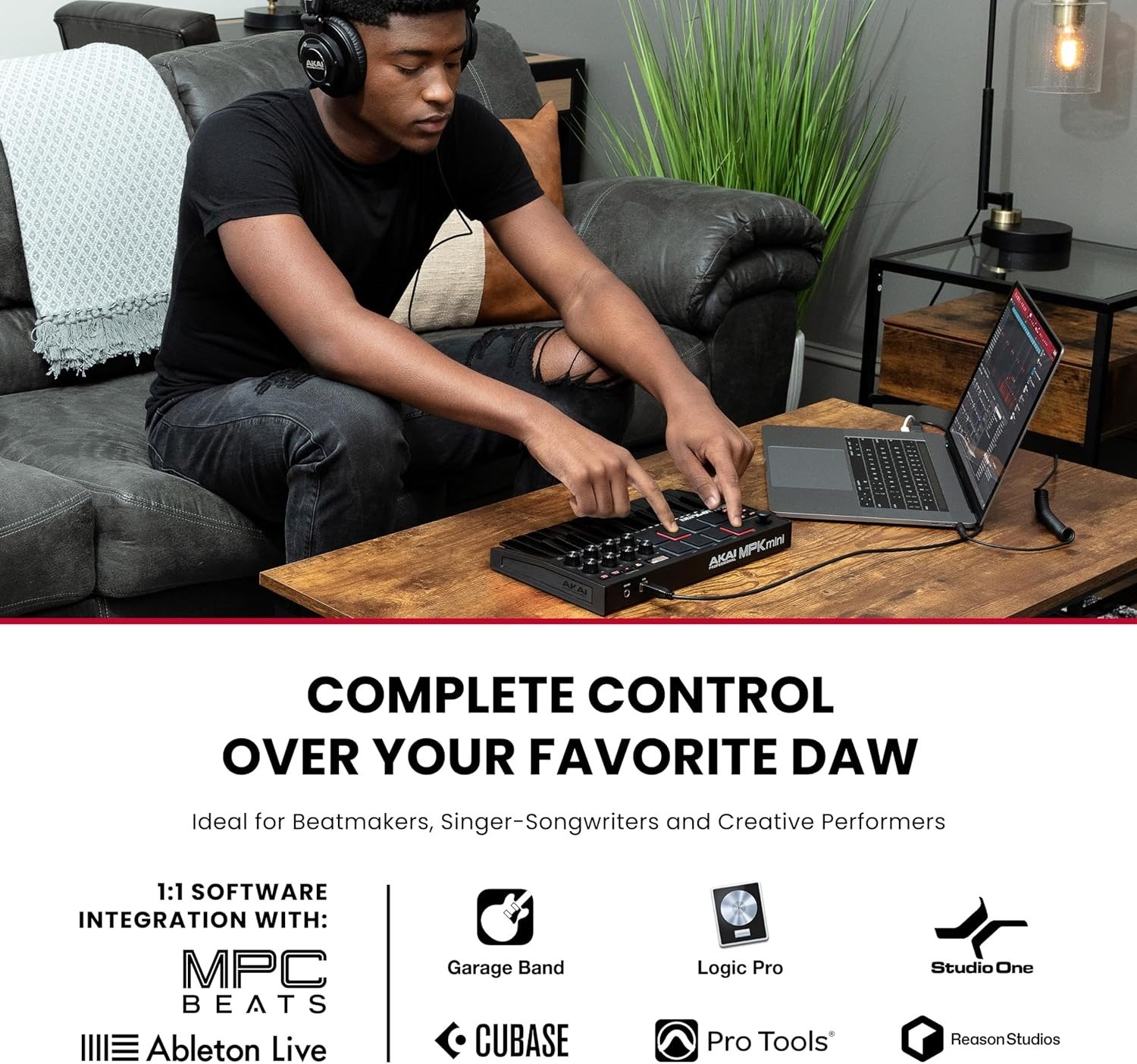 25 Key USB MIDI Keyboard Controller With 8 Backlit Drum Pads, 8 Knobs, Music Production Software and Native Instruments Sound Package (NKS Integration), Black