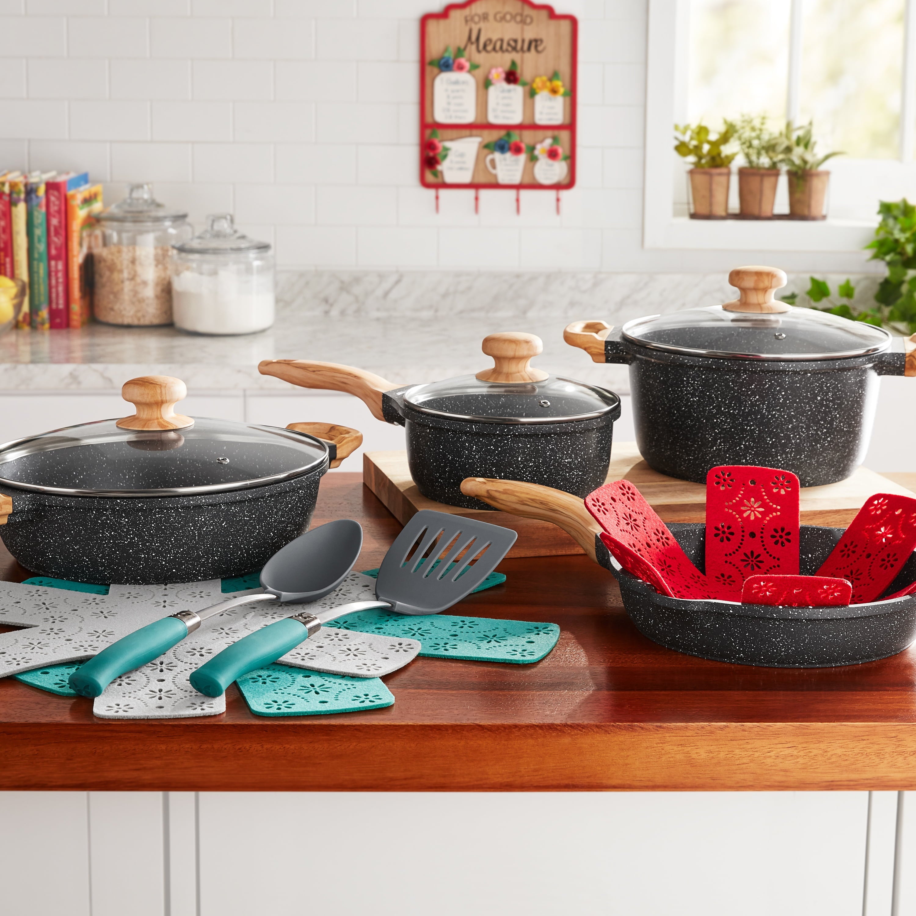 The Pioneer Woman Prairie Signature 12-Piece Cast Aluminum Cookware Set, Charcoal Speckle