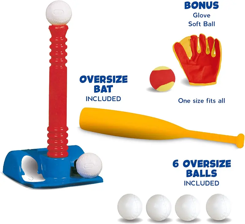 Tee-Ball Sport Set – 6 Balls and 1 Soft Ball with Bat & Glove to Develop Baseball & Softball Skills – Primary Color Set for Kids in Carry Case