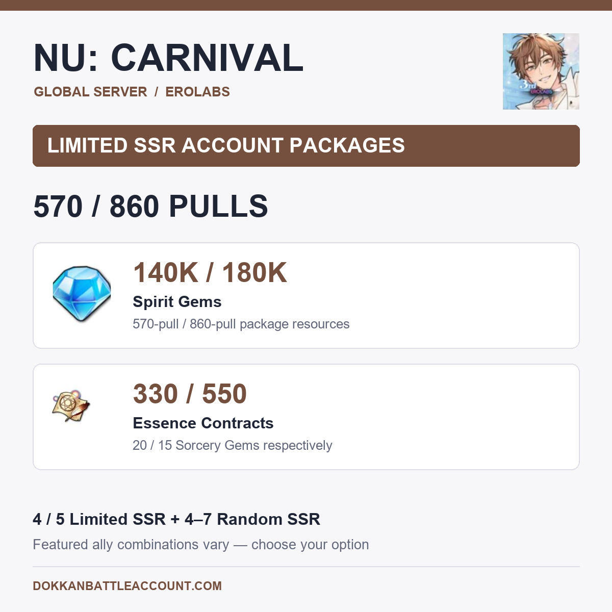 Global NU: Carnival limited SSR account packages with 570 or 860 pulls, 140K or 180K Spirit Gems and 330 or 550 Essence Contracts