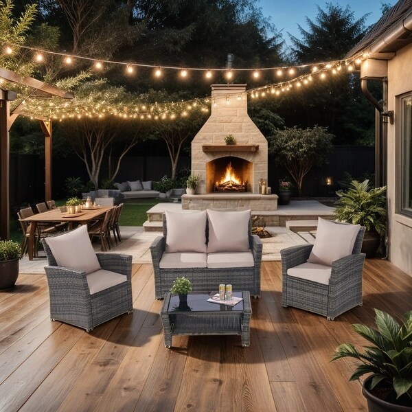 Set of 4 Outdoor Patio Sets Garden Rattan Chair Wicker Set Tempered Glass Coffee Table Porch Furniture,Sand Color